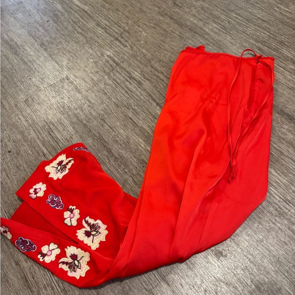 Red Floral Embroidered silky pants